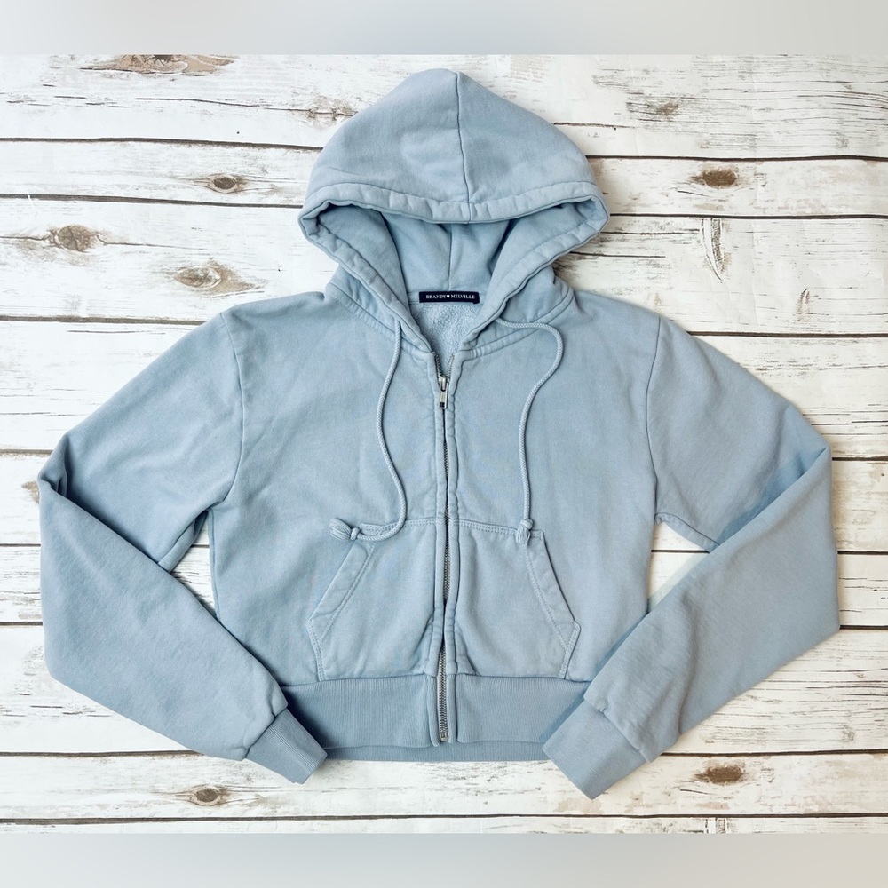 Brandy Melville Blue Cropped Hooded Jacket